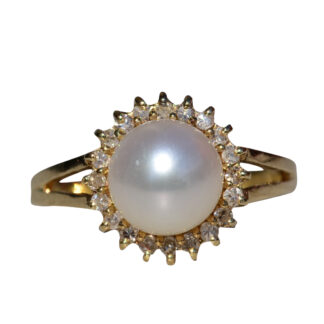 SOLD - The Carillon:  Ladies 14K Yellow Gold Pearl and Diamond Halo Ring