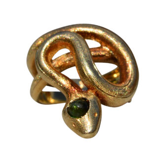 The Hibbs:  Ladies 18K Yellow Gold Snake Ring set with Peridot
