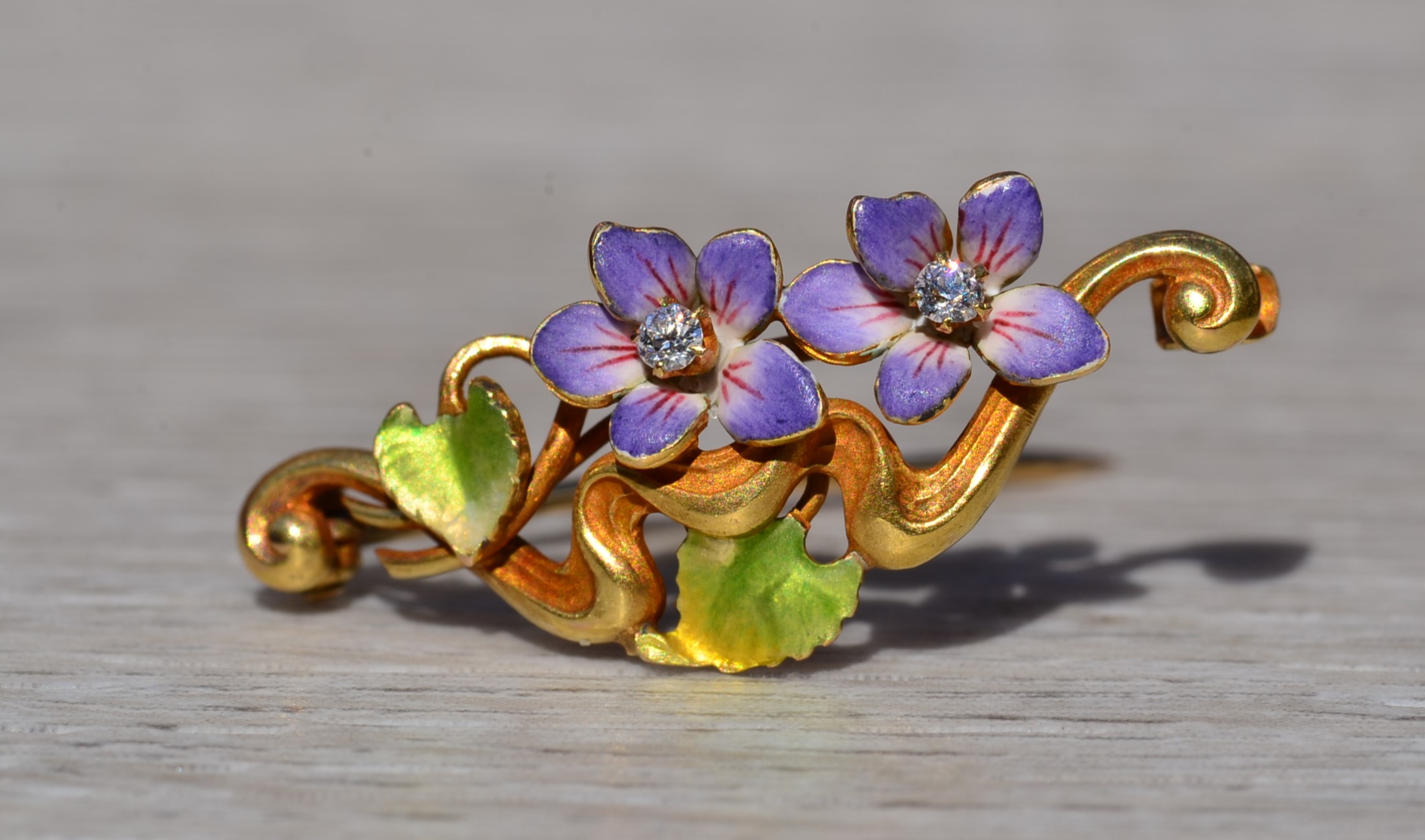 SOLD - Ladies Signed Krementz Floral Brooch in 14K with Enamel and Diamonds - Image 2