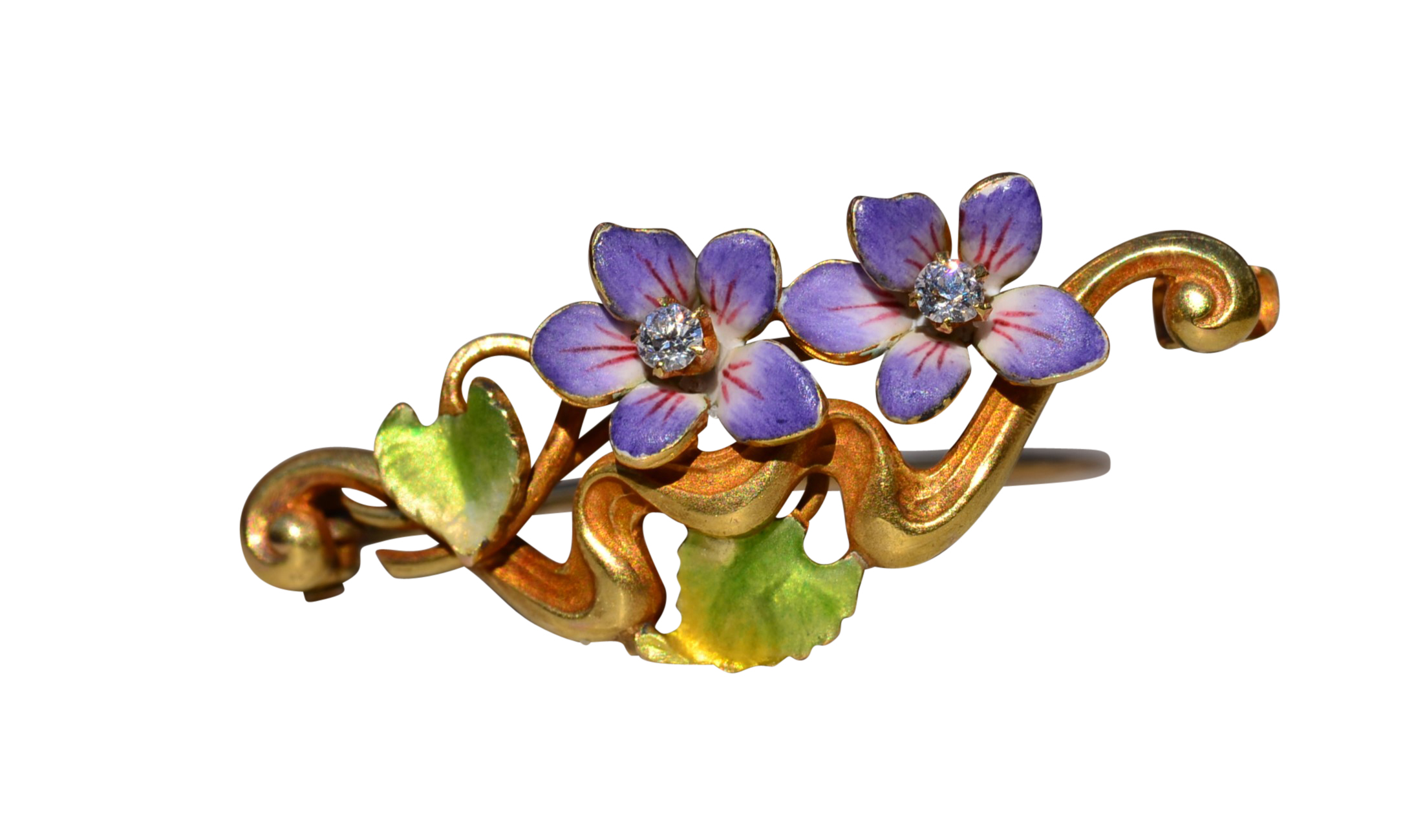 SOLD - Ladies Signed Krementz Floral Brooch in 14K with Enamel and Diamonds