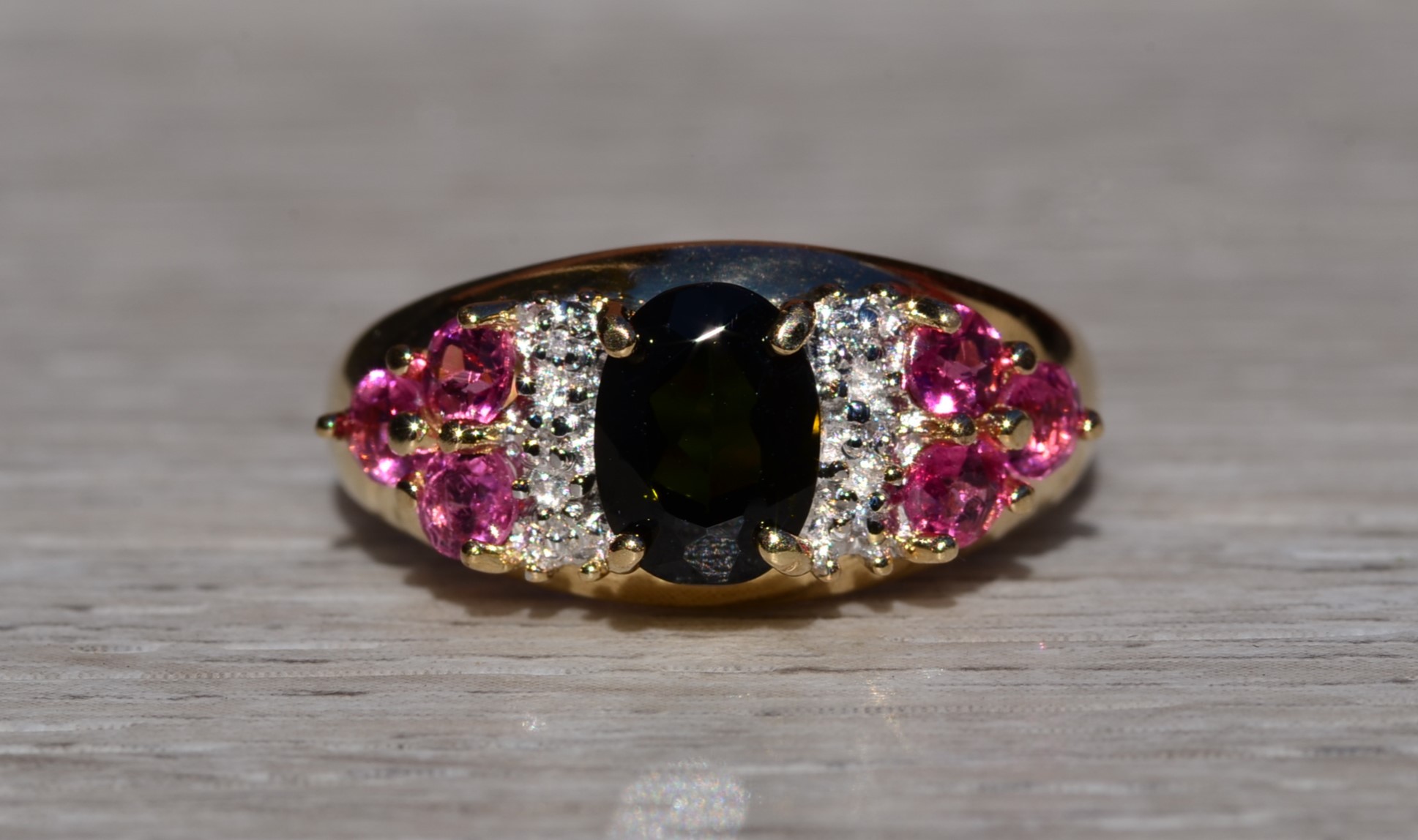 The Graylyn: Ladies Yellow Gold Cocktail Ring set with Tourmaline and Diamonds - Image 2