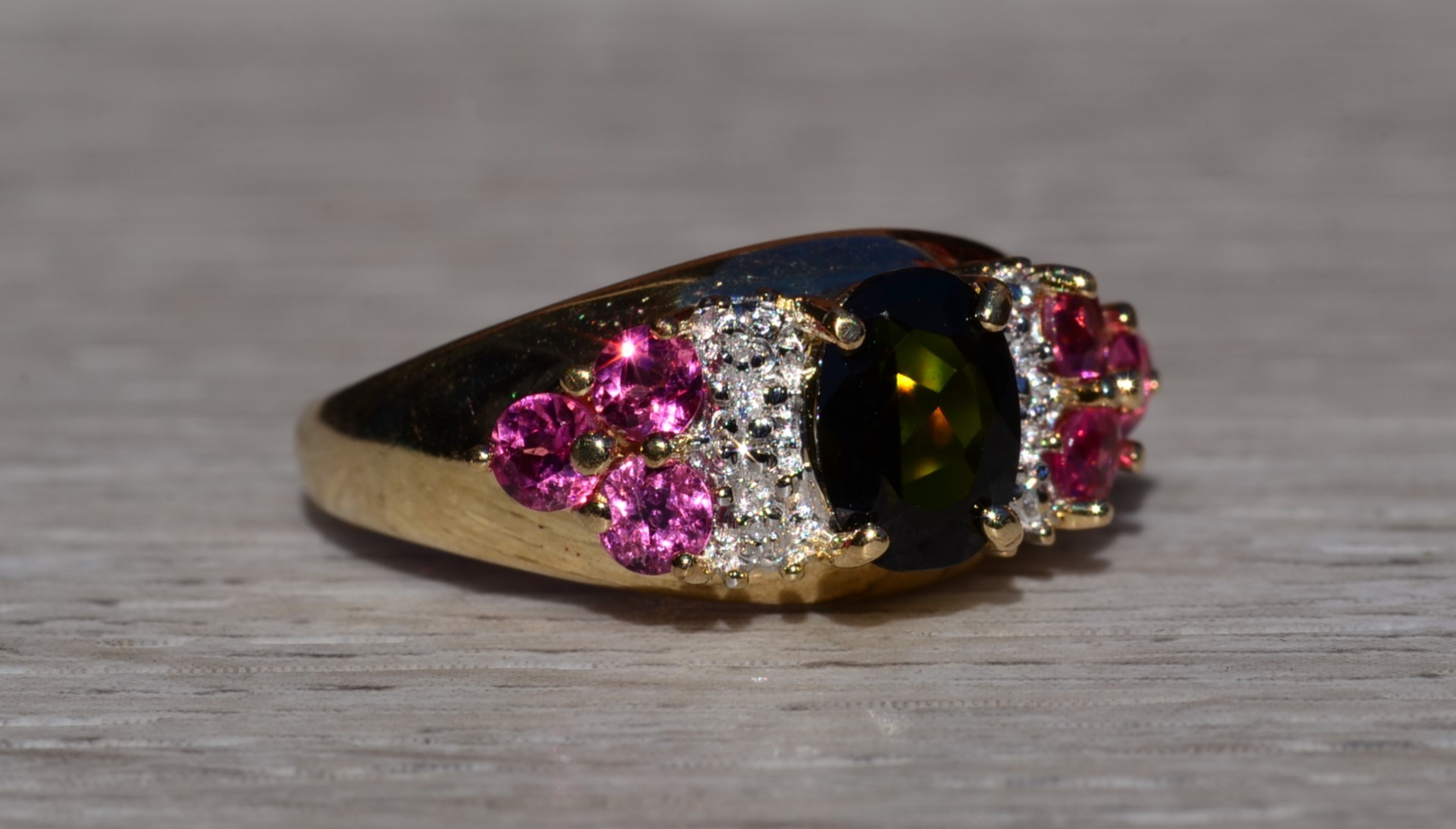The Graylyn: Ladies Yellow Gold Cocktail Ring set with Tourmaline and Diamonds - Image 6