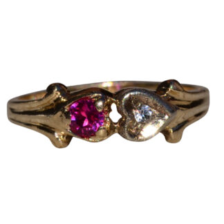 SOLD - The Caladium:  Ladies Yellow Gold Ruby and Diamond Toi et Moi Heart Ring