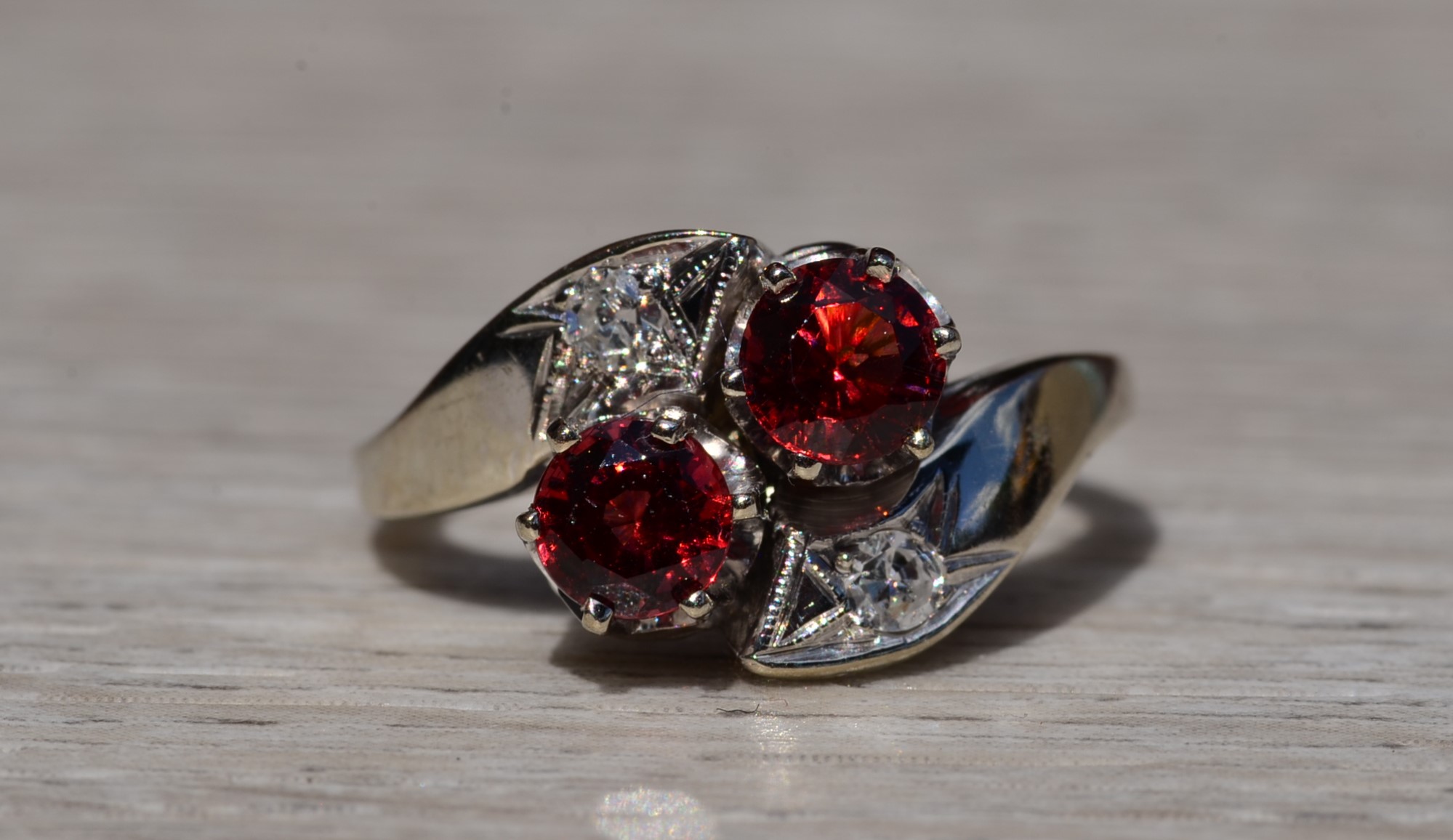 SOLD - Ladies Antique 14K White Gold Toi Et Moi Ring set with Garnet and Diamonds - Image 7
