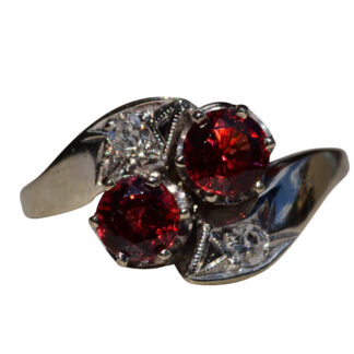 SOLD - Ladies Antique 14K White Gold Toi Et Moi Ring set with Garnet and Diamonds