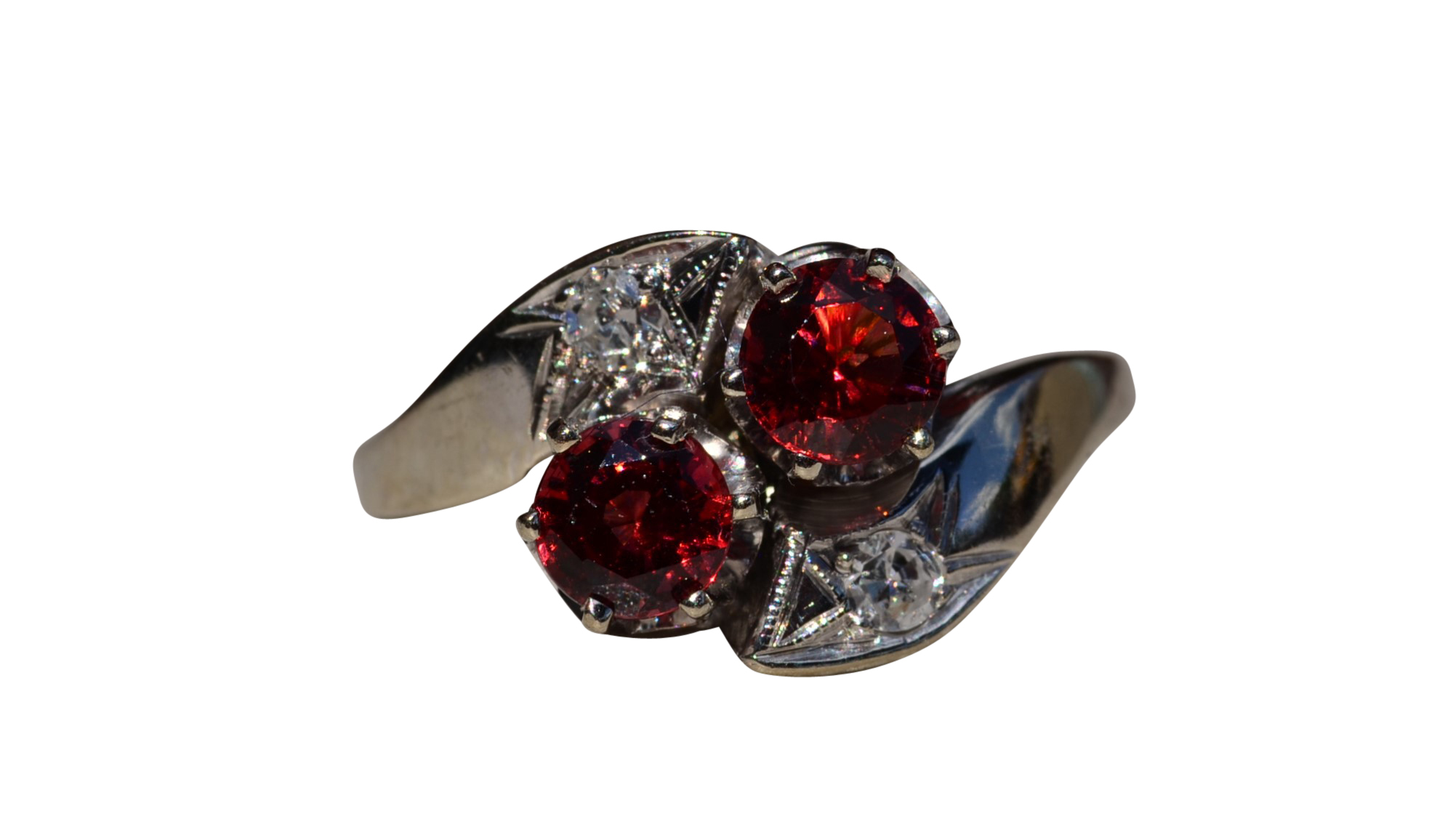 SOLD - Ladies Antique 14K White Gold Toi Et Moi Ring set with Garnet and Diamonds
