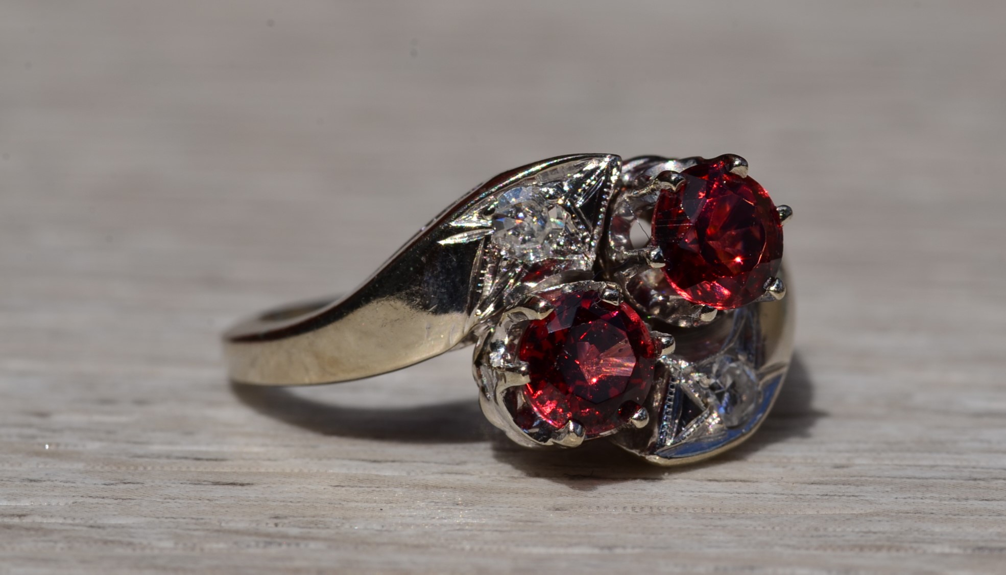 SOLD - Ladies Antique 14K White Gold Toi Et Moi Ring set with Garnet and Diamonds - Image 6