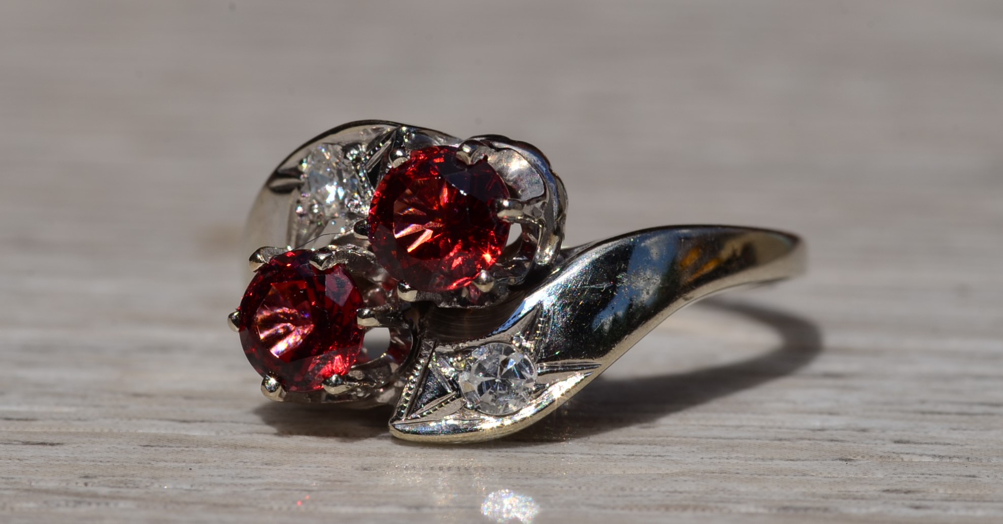 SOLD - Ladies Antique 14K White Gold Toi Et Moi Ring set with Garnet and Diamonds - Image 3