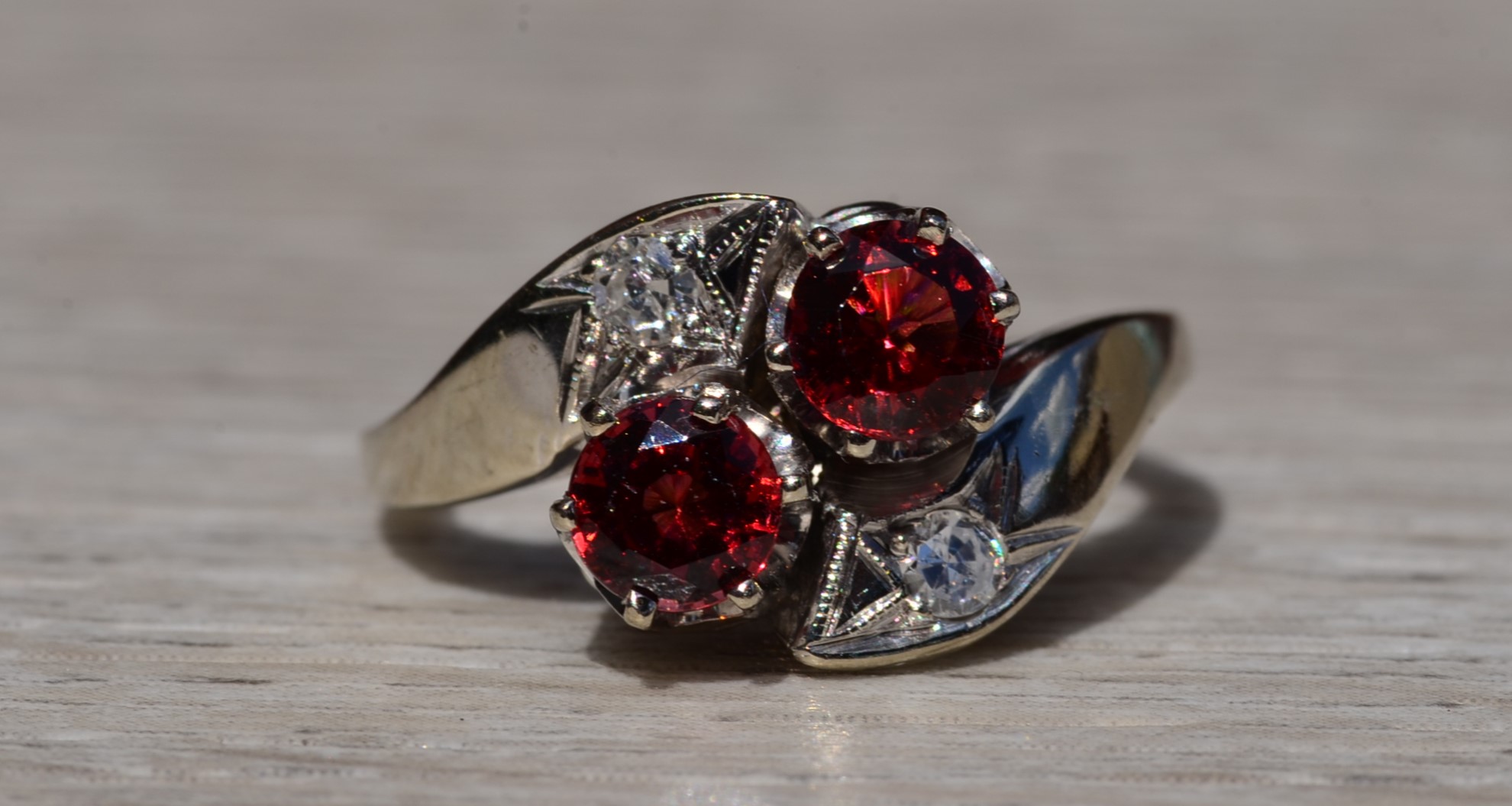 SOLD - Ladies Antique 14K White Gold Toi Et Moi Ring set with Garnet and Diamonds - Image 2