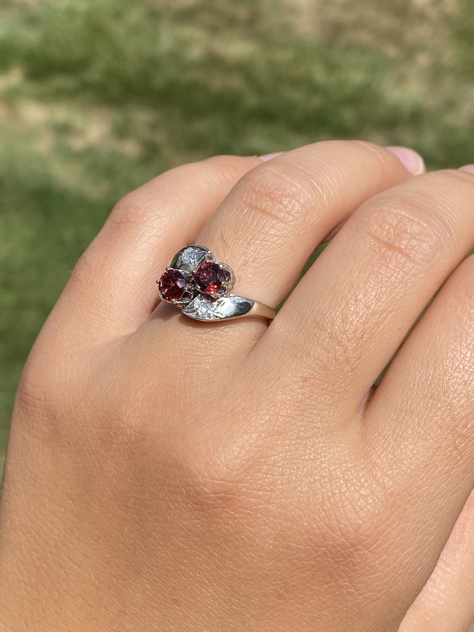 SOLD - Ladies Antique 14K White Gold Toi Et Moi Ring set with Garnet and Diamonds - Image 9