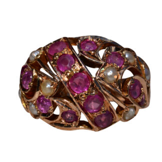 The Kestrel:  Ladies Vintage 14K Rose Gold Bombe Ring set with Rubies and Pearls