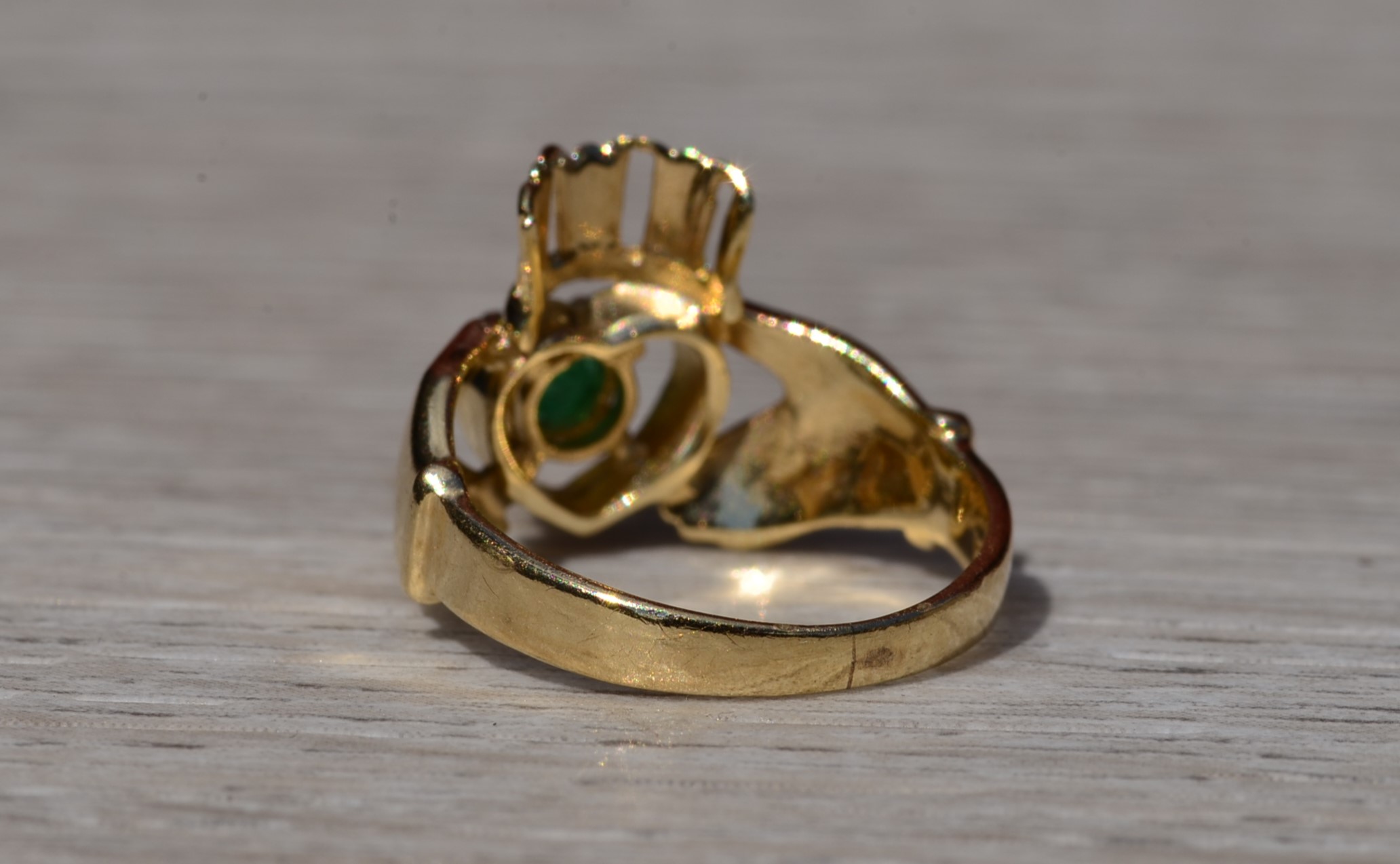 SOLD - The Timberwyck: Ladies Yellow Gold Claddaugh Ring set with Emerald - Image 4