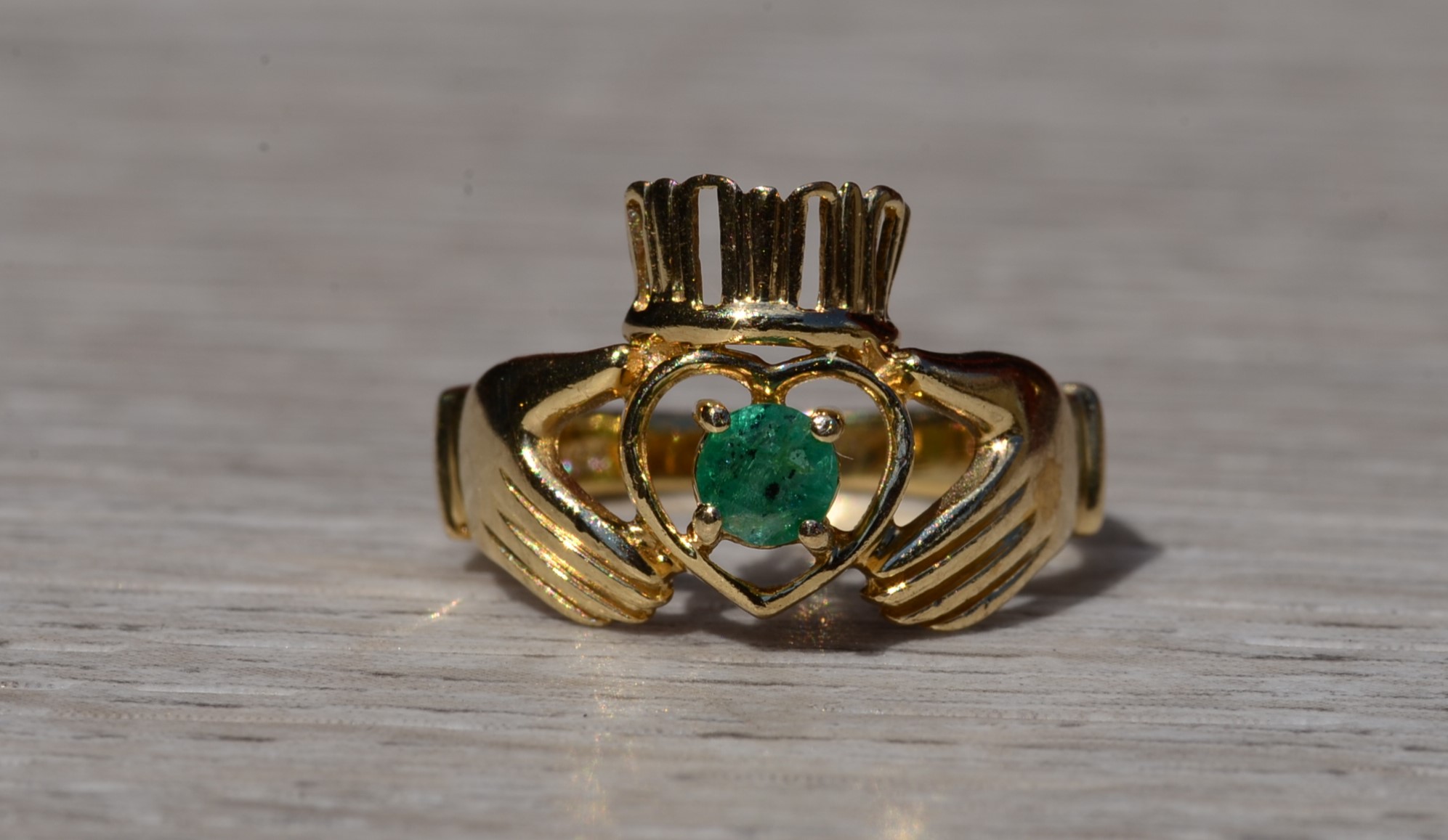 SOLD - The Timberwyck: Ladies Yellow Gold Claddaugh Ring set with Emerald - Image 2