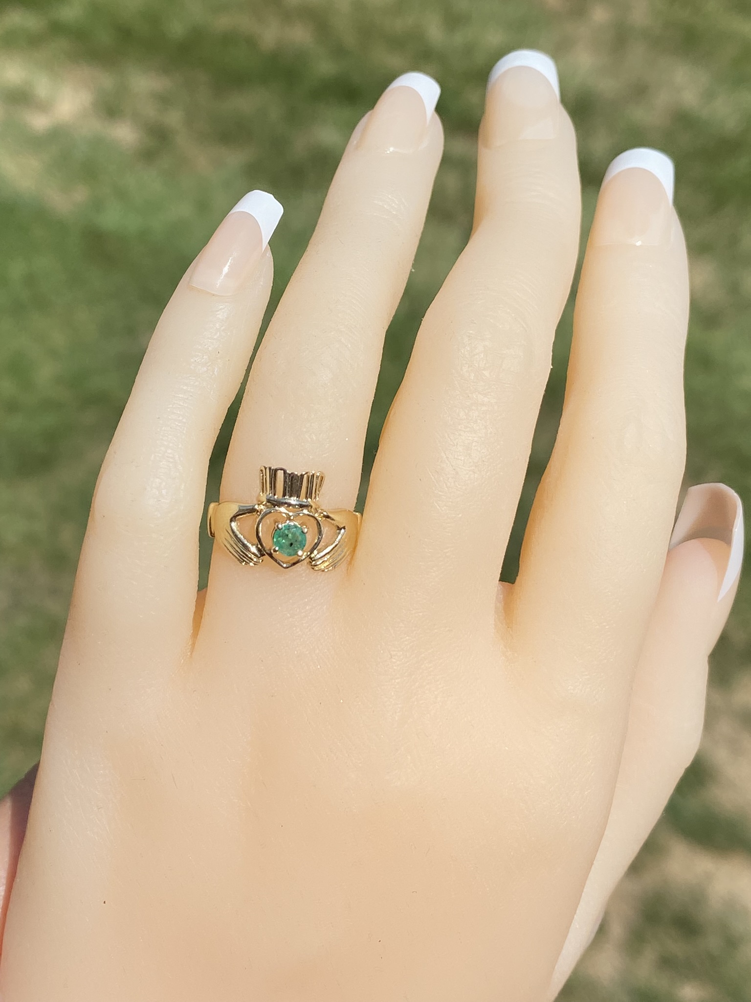 SOLD - The Timberwyck: Ladies Yellow Gold Claddaugh Ring set with Emerald - Image 8