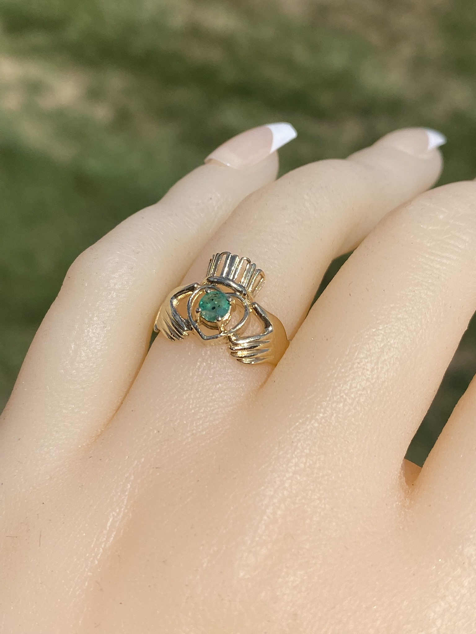 SOLD - The Timberwyck: Ladies Yellow Gold Claddaugh Ring set with Emerald - Image 9