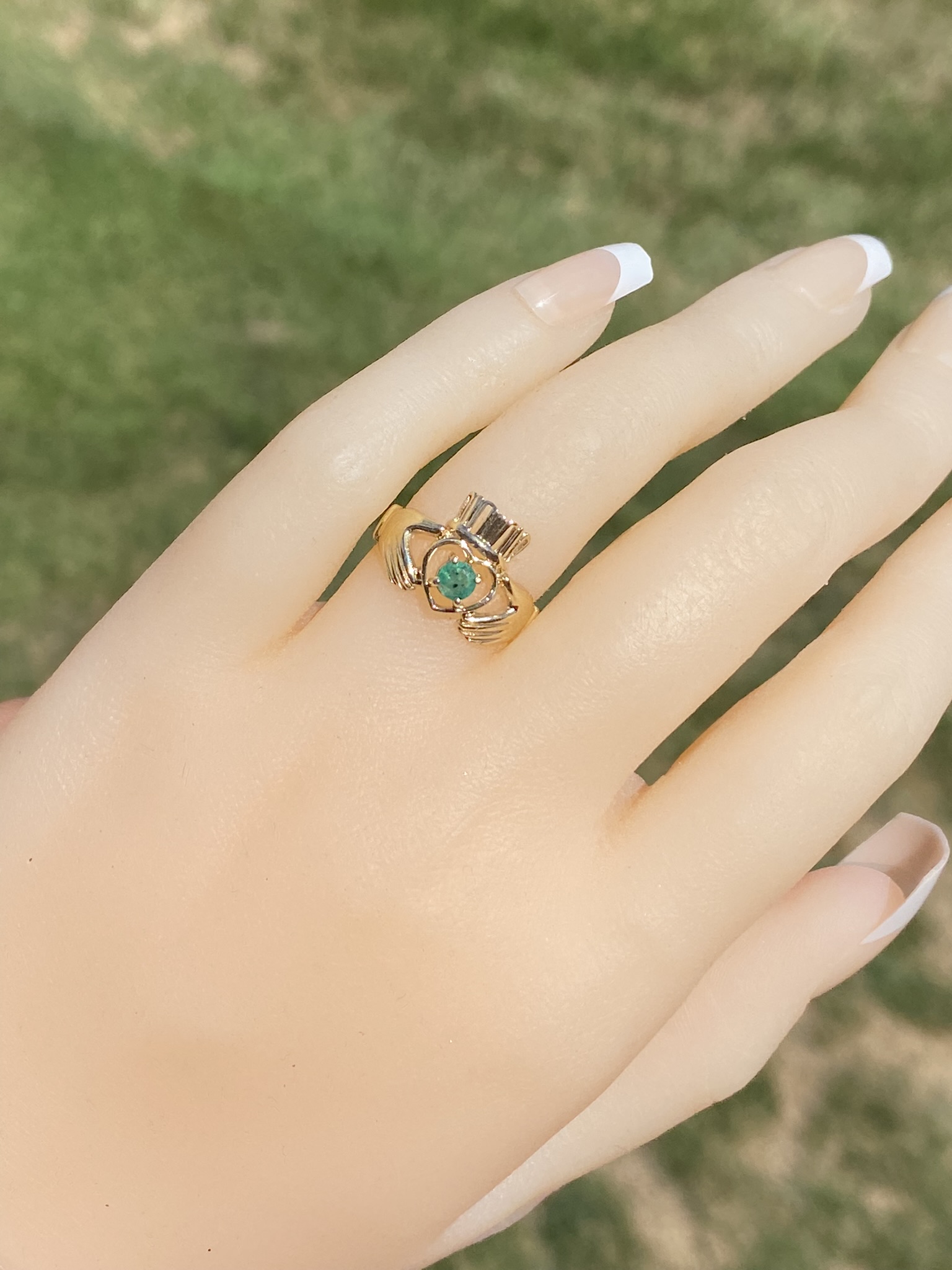 SOLD - The Timberwyck: Ladies Yellow Gold Claddaugh Ring set with Emerald - Image 10