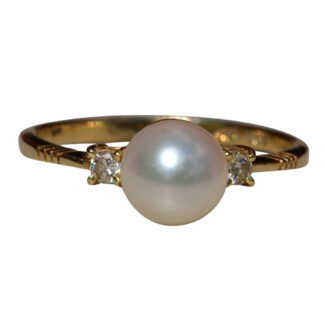 The Nammans:  Ladies 14K Yellow Gold Ring set with Pearl and Diamond