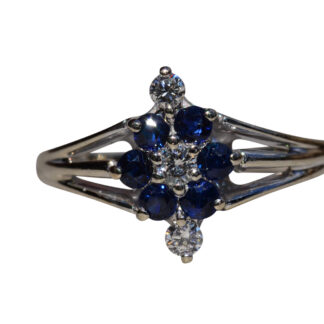 The Renfrew:  Ladies 14K White Gold Ring set with Sapphires and Diamond