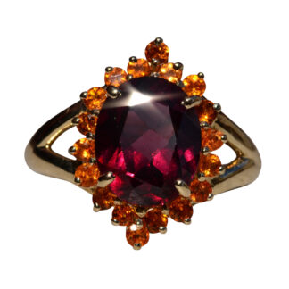 The Langley:  Ladies 14K Oval Garnet Halo Ring