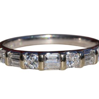 SOLD - The Silvan:  White Gold Bar Set Baguette and Round Brilliant Cut Natural Diamond Stackable Band