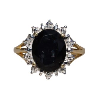 SOLD - The Boho: Oval Faceted Onyx Ring with Diamond Halo in Yellow Gold