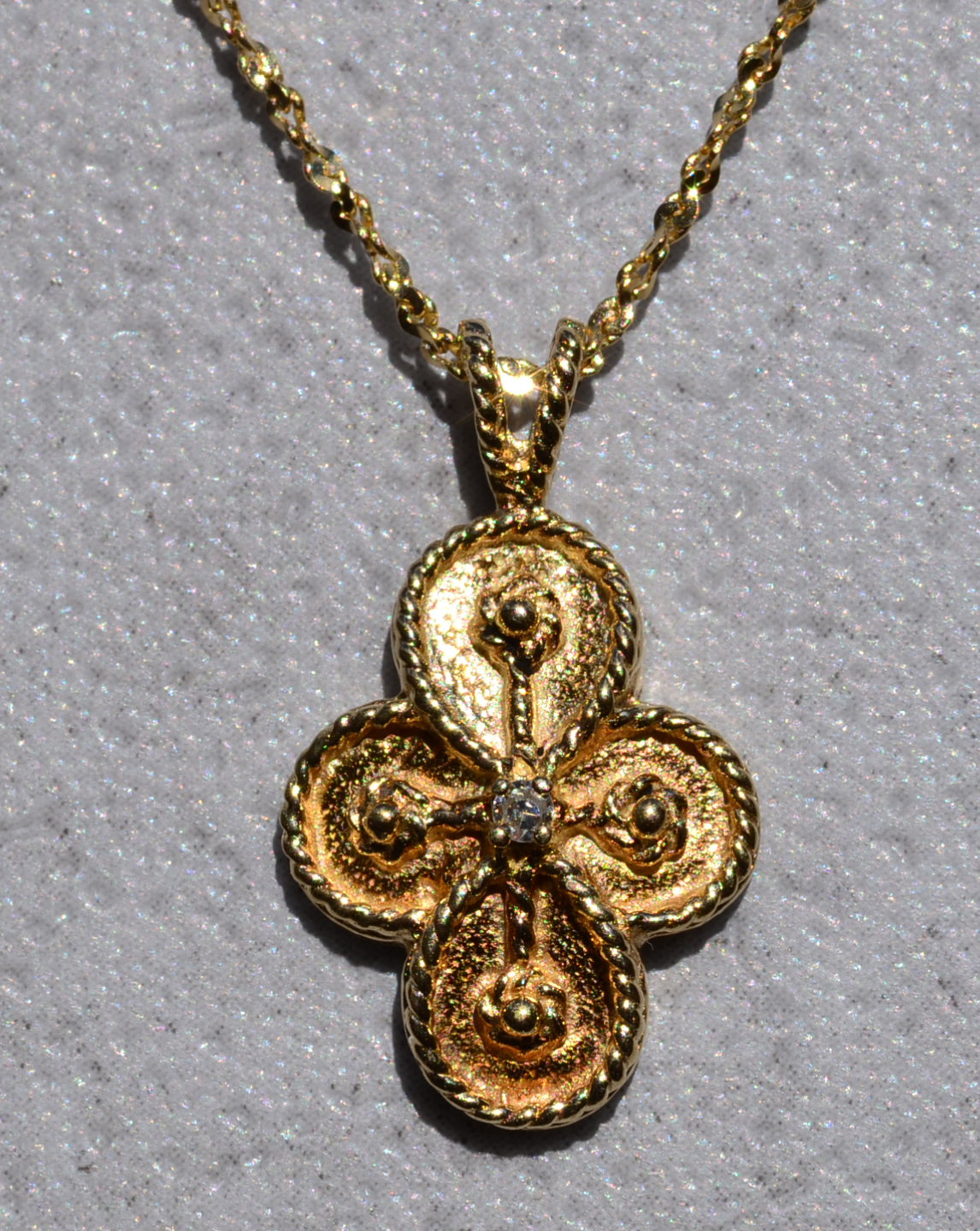 SOLD - The Wroxton: Ladies Ornate 14K Yellow Gold Cross Pendant set with Diamond - Image 2