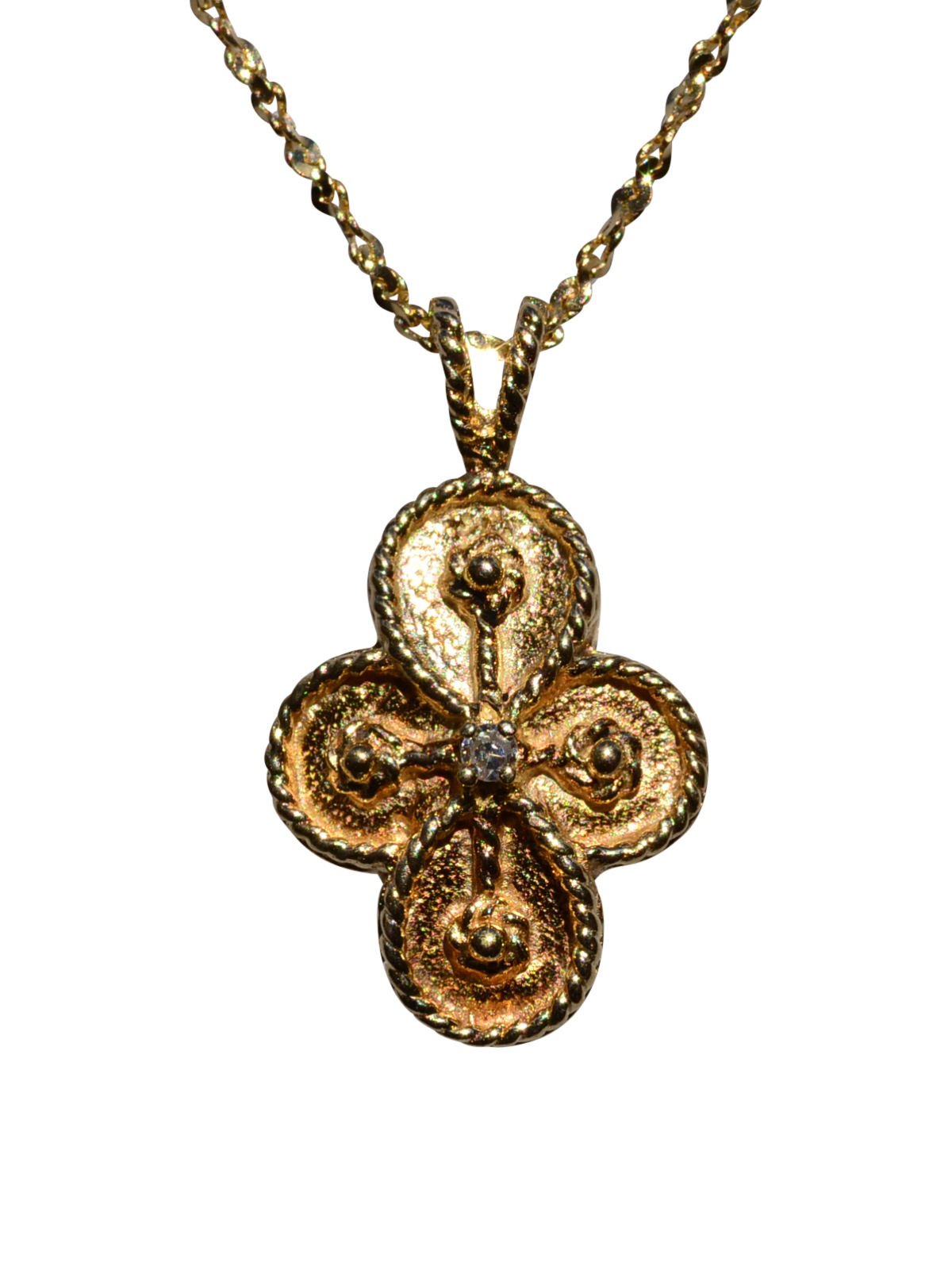SOLD - The Wroxton: Ladies Ornate 14K Yellow Gold Cross Pendant set with Diamond