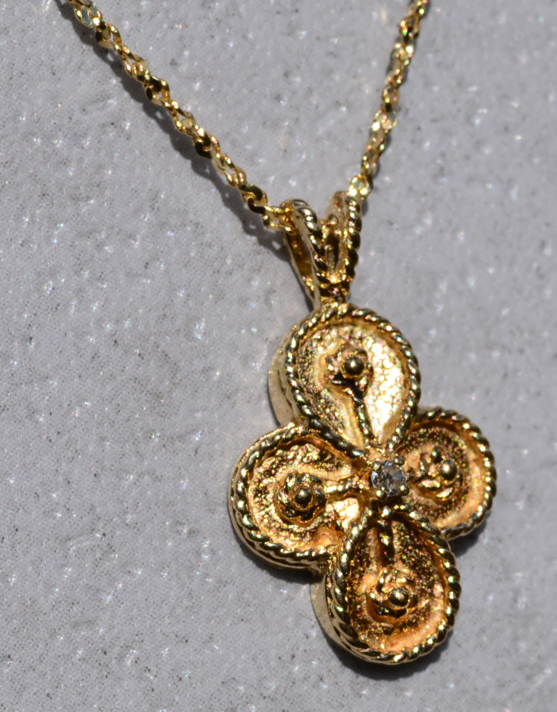 SOLD - The Wroxton: Ladies Ornate 14K Yellow Gold Cross Pendant set with Diamond - Image 3
