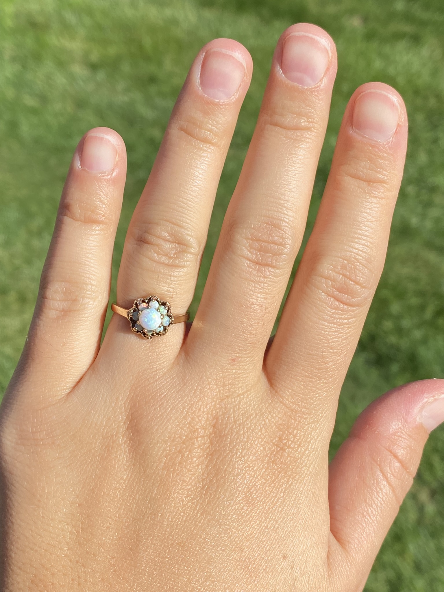 SOLD - The Keadon Park: Ladies Signed Romany Yellow Gold and Opal Cluster Ring - Image 8