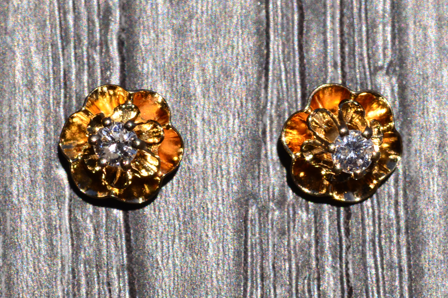 SOLD - The Drumbos: Ladies 14K Yellow Gold Buttercup Style Diamond Stud Earrings - Image 2
