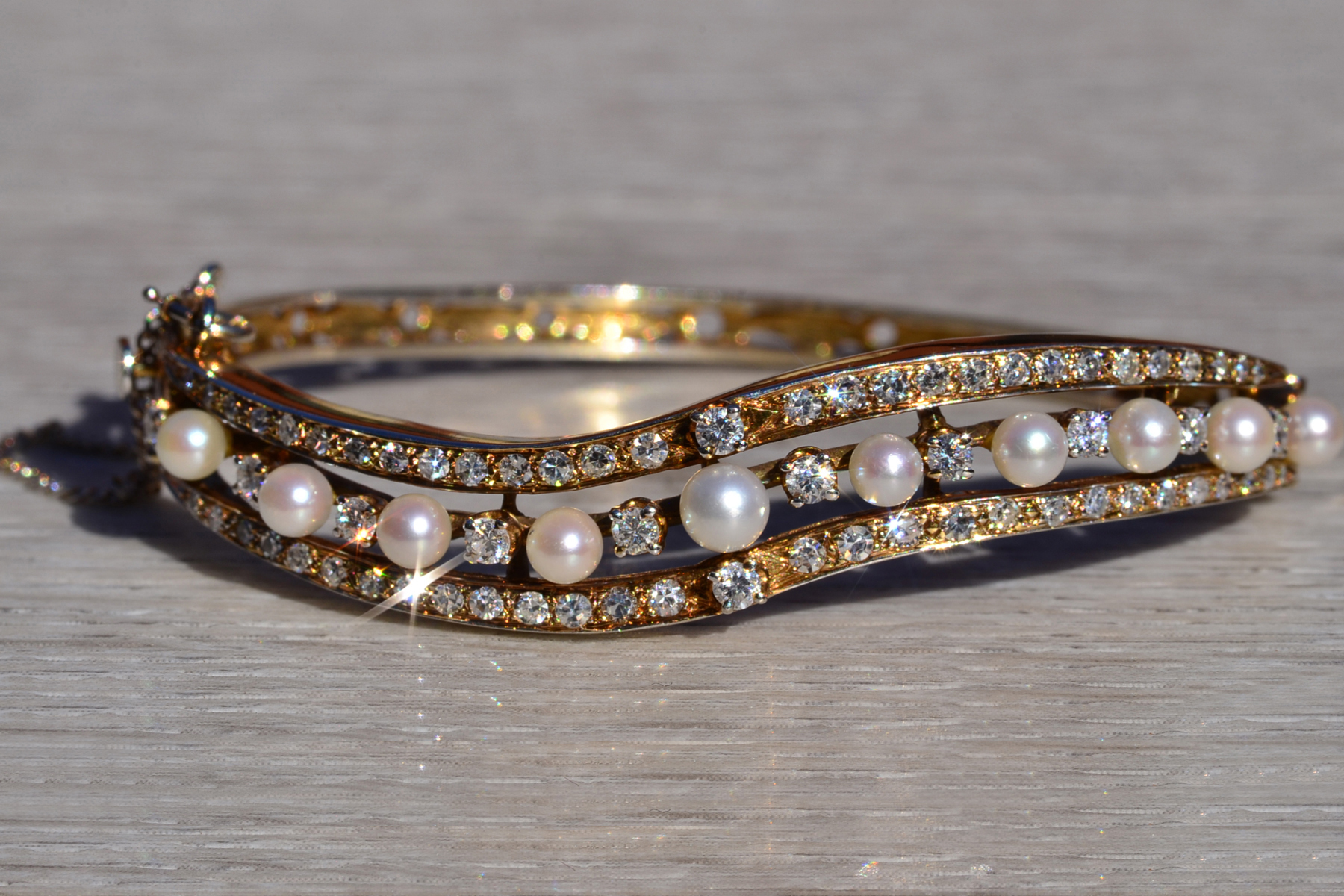 SOLD - The Kitsilano: Ladies 14K Two Tone Bangle Bracelet set with Pearls and Diamonds - Image 2