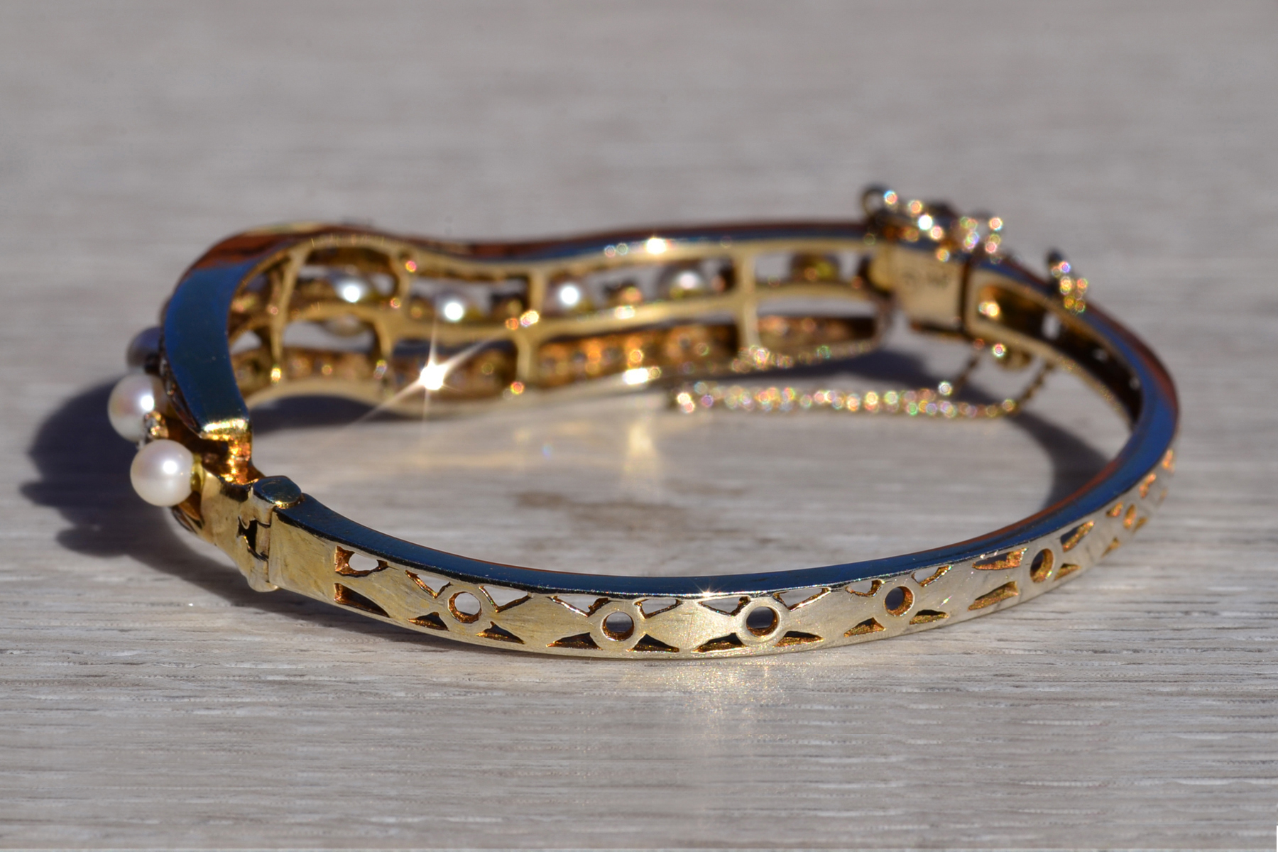 SOLD - The Kitsilano: Ladies 14K Two Tone Bangle Bracelet set with Pearls and Diamonds - Image 4