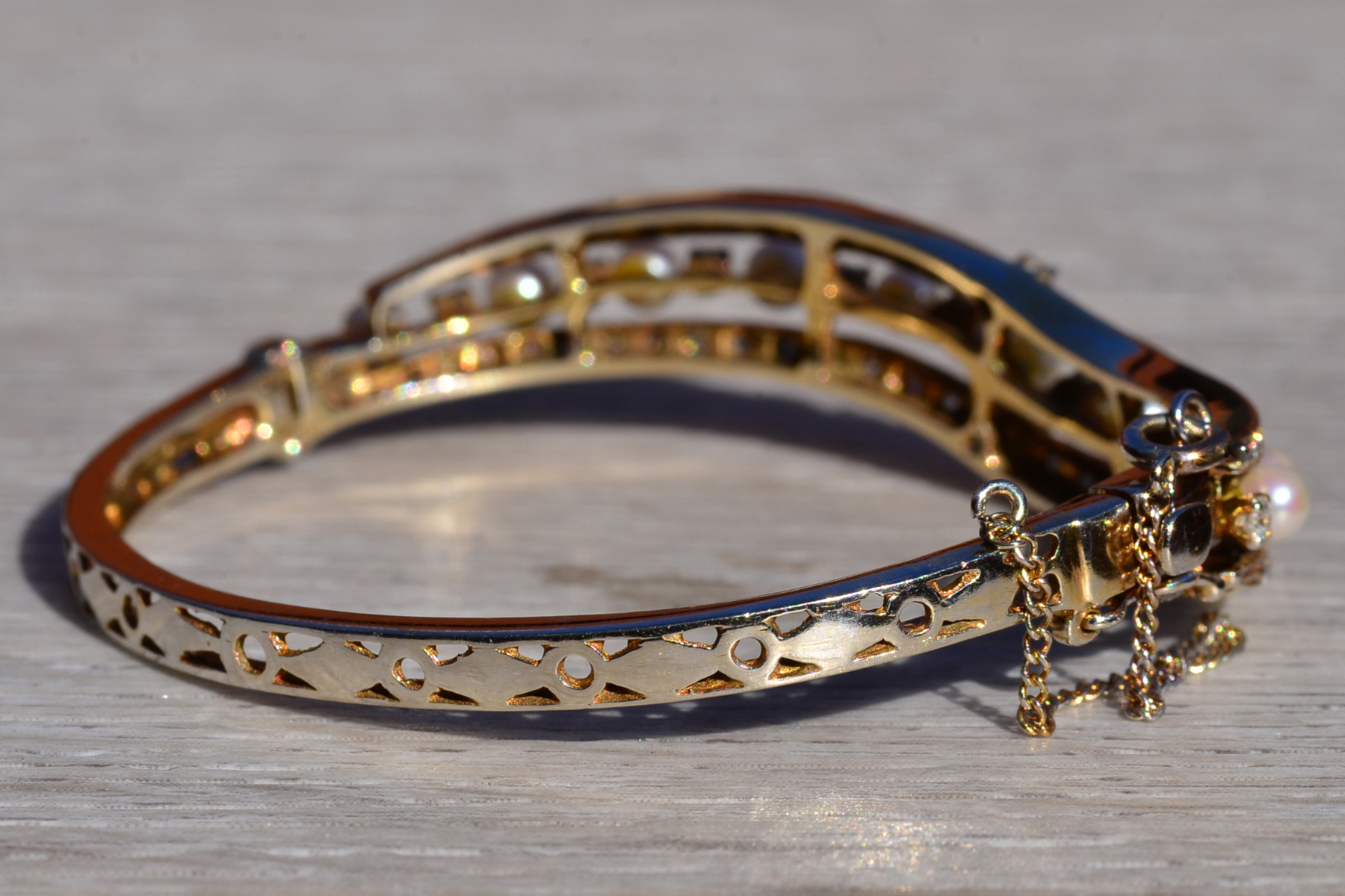 SOLD - The Kitsilano: Ladies 14K Two Tone Bangle Bracelet set with Pearls and Diamonds - Image 5