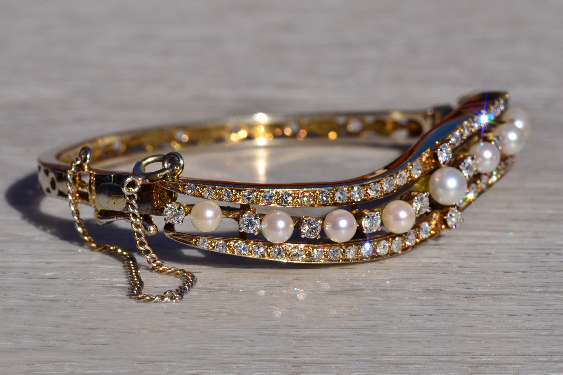 SOLD - The Kitsilano: Ladies 14K Two Tone Bangle Bracelet set with Pearls and Diamonds - Image 6