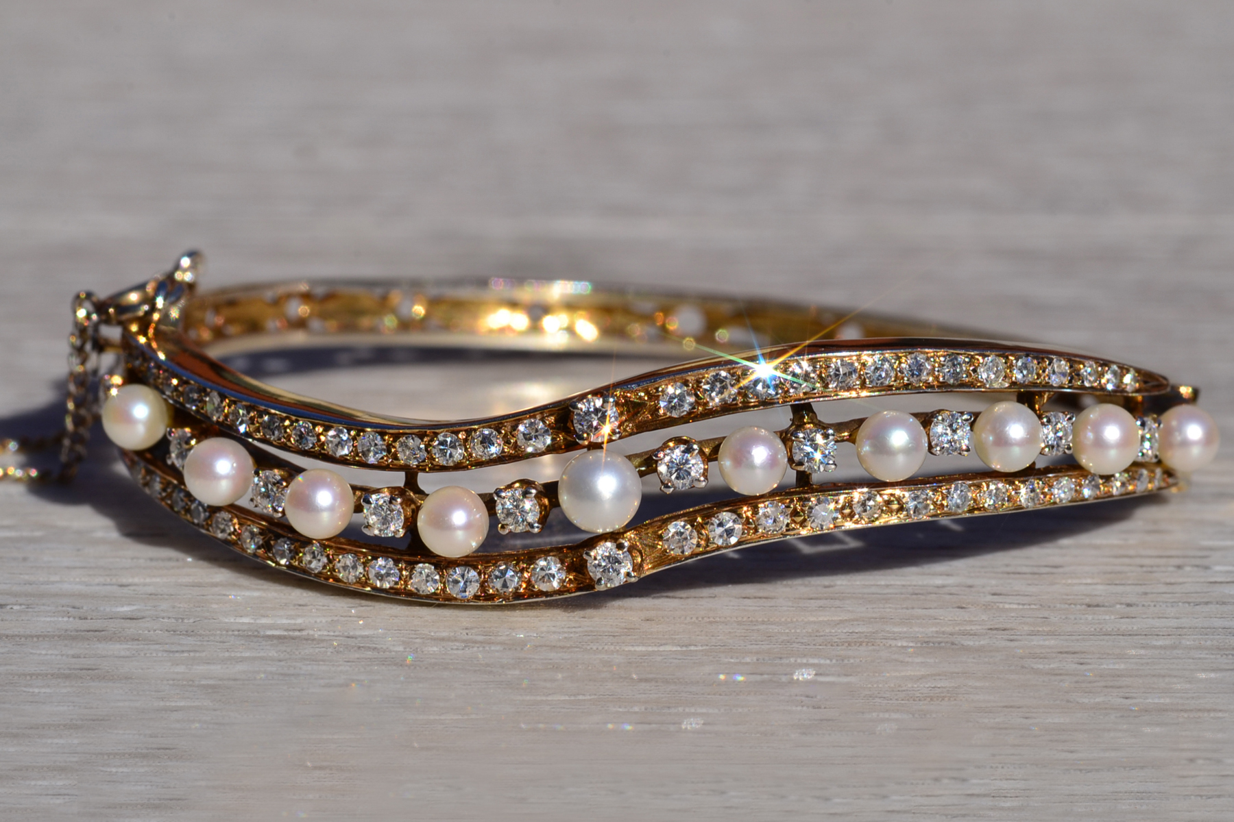 SOLD - The Kitsilano: Ladies 14K Two Tone Bangle Bracelet set with Pearls and Diamonds - Image 7