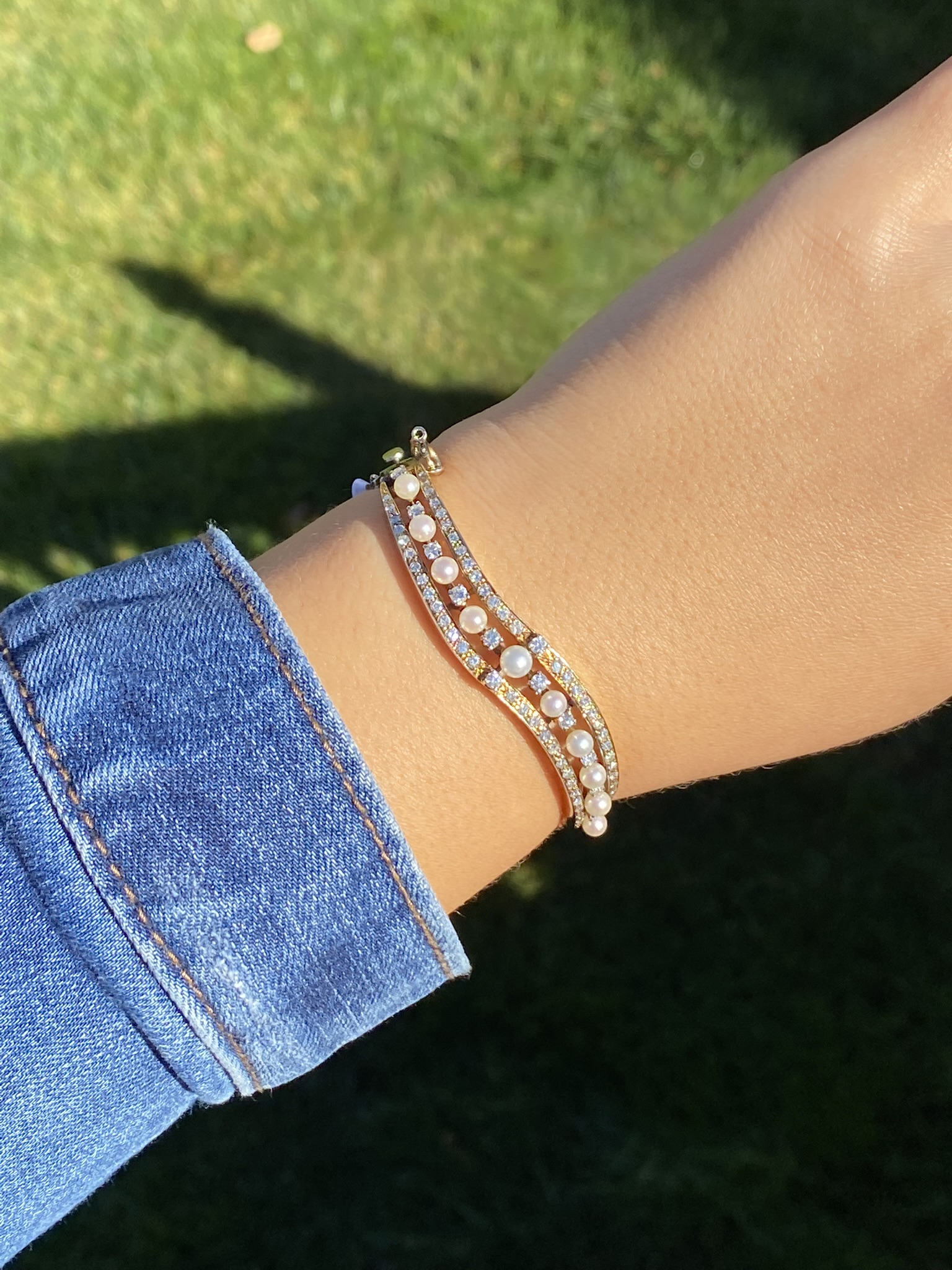 SOLD - The Kitsilano: Ladies 14K Two Tone Bangle Bracelet set with Pearls and Diamonds - Image 8