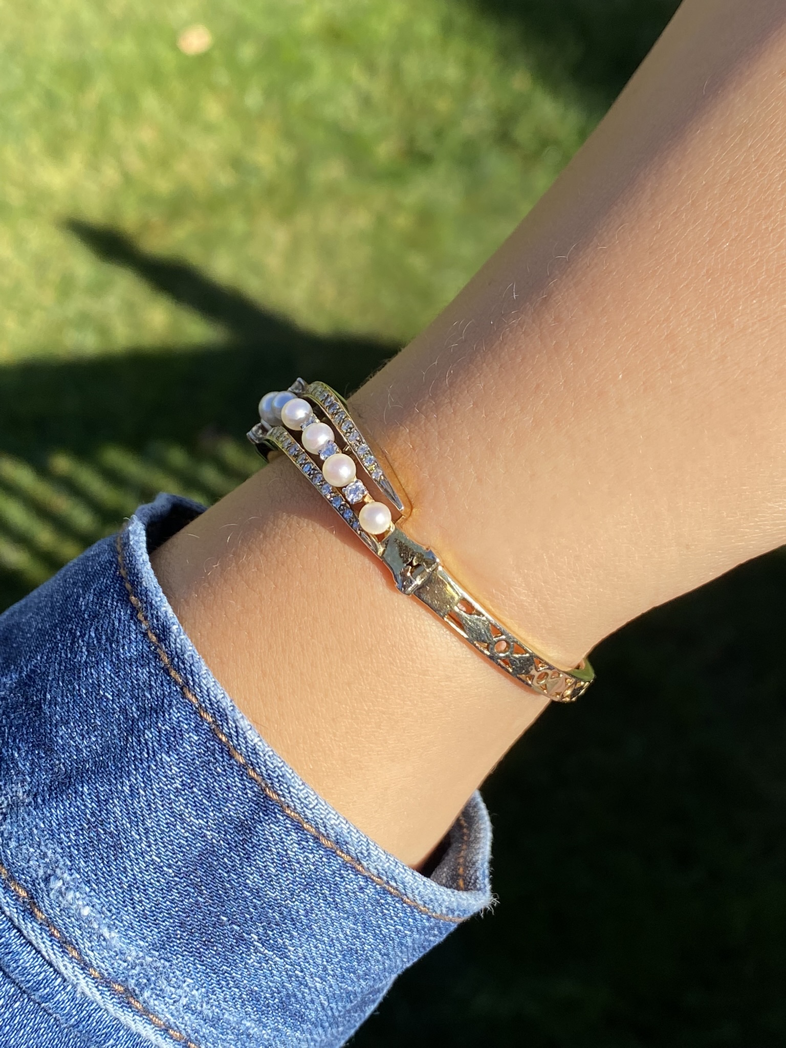 SOLD - The Kitsilano: Ladies 14K Two Tone Bangle Bracelet set with Pearls and Diamonds - Image 9