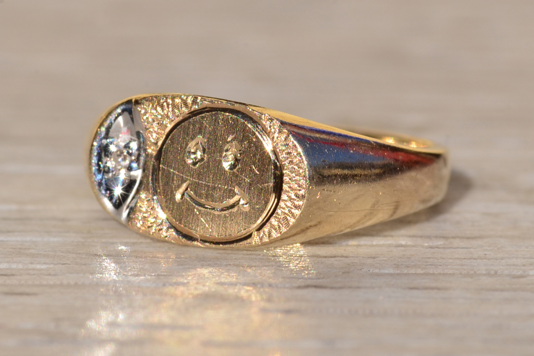 SOLD - The Texada Island: Ladies Yellow Gold Smiley Face Diamond Ring - Image 3