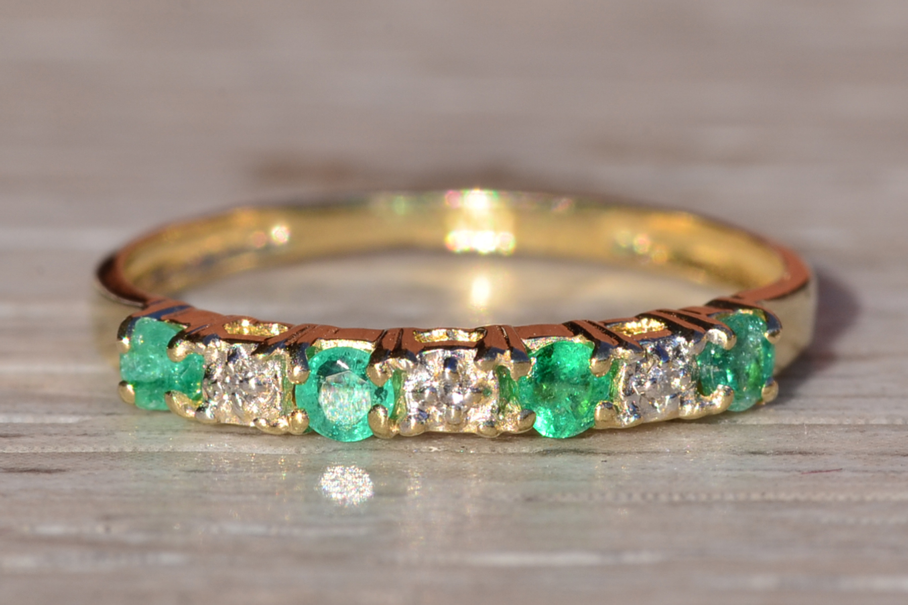 The Keremeos: Ladies Yellow Gold Emerald and Diamond Stackable Band - Image 7