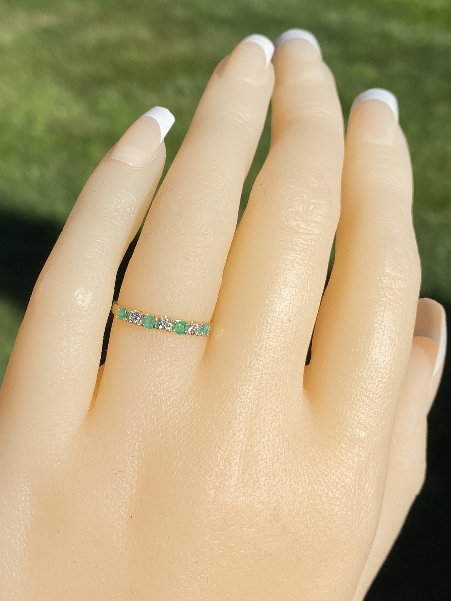 The Keremeos: Ladies Yellow Gold Emerald and Diamond Stackable Band - Image 8