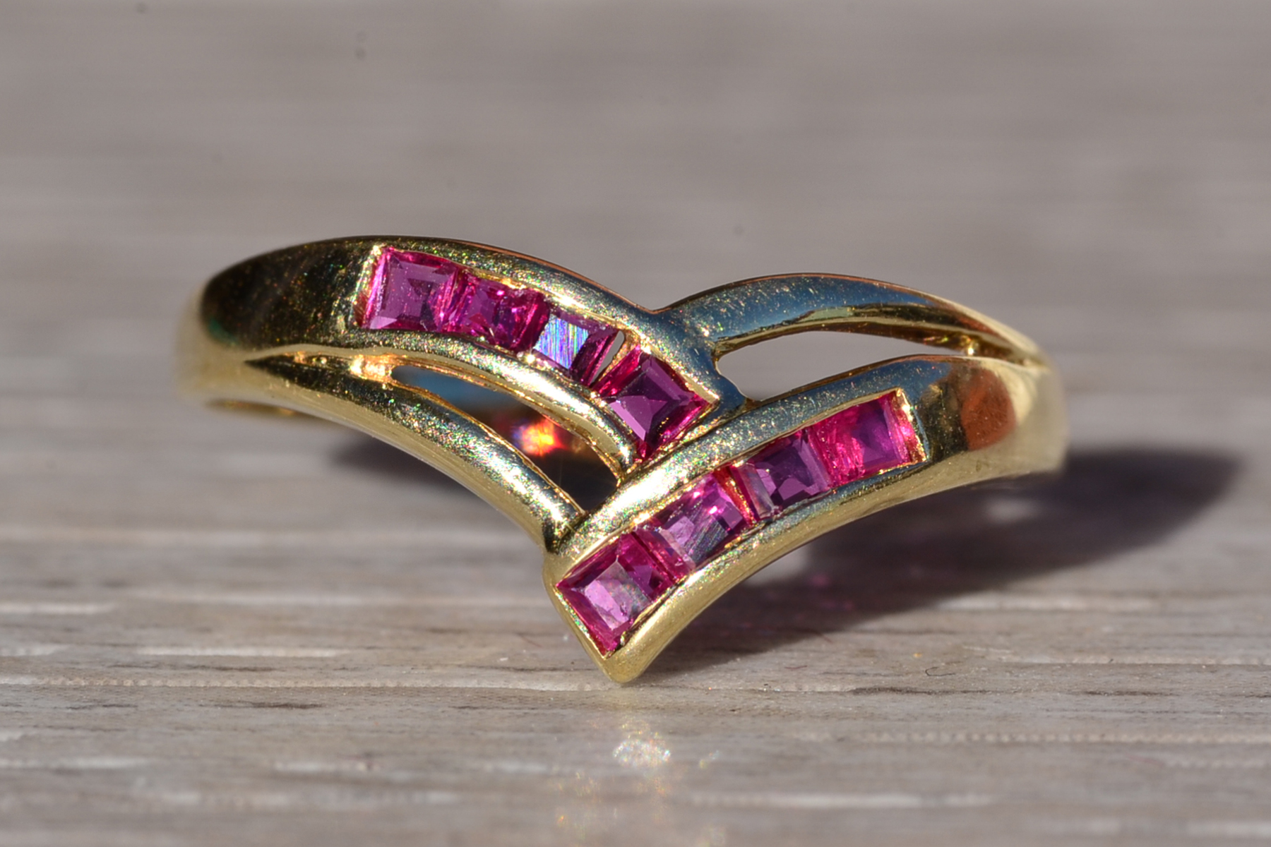SOLD - The Kittimat: Ladies 14K Yellow Gold V Ruby Band - Image 2