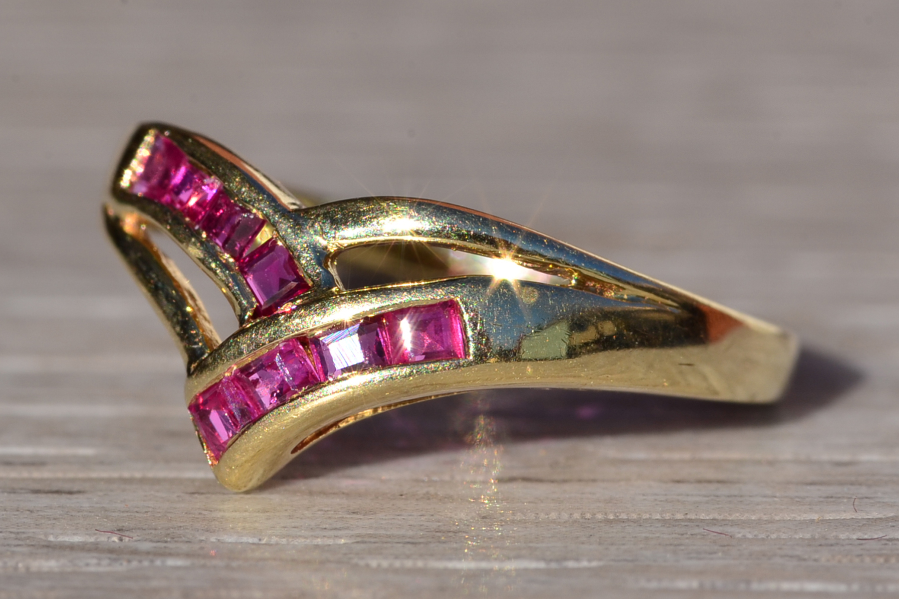 SOLD - The Kittimat: Ladies 14K Yellow Gold V Ruby Band - Image 3