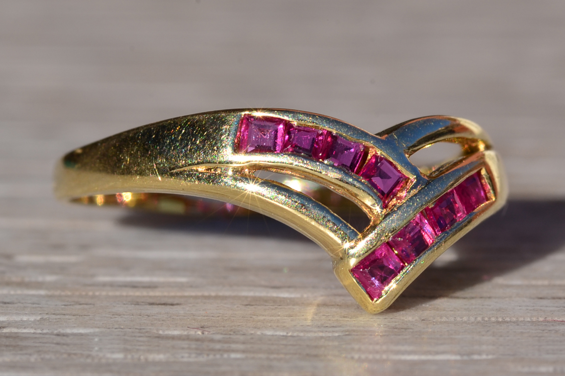 SOLD - The Kittimat: Ladies 14K Yellow Gold V Ruby Band - Image 6