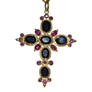 SOLD - The Penasco:  Ladies 18K Signed Sapphire and Ruby Cross Necklace