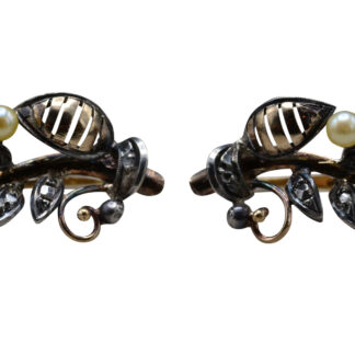 SOLD - The Leemores:  Antique Victorian 14K Two Tone and Mixed Metal Earrings set with Diamonds and Seed Pearls