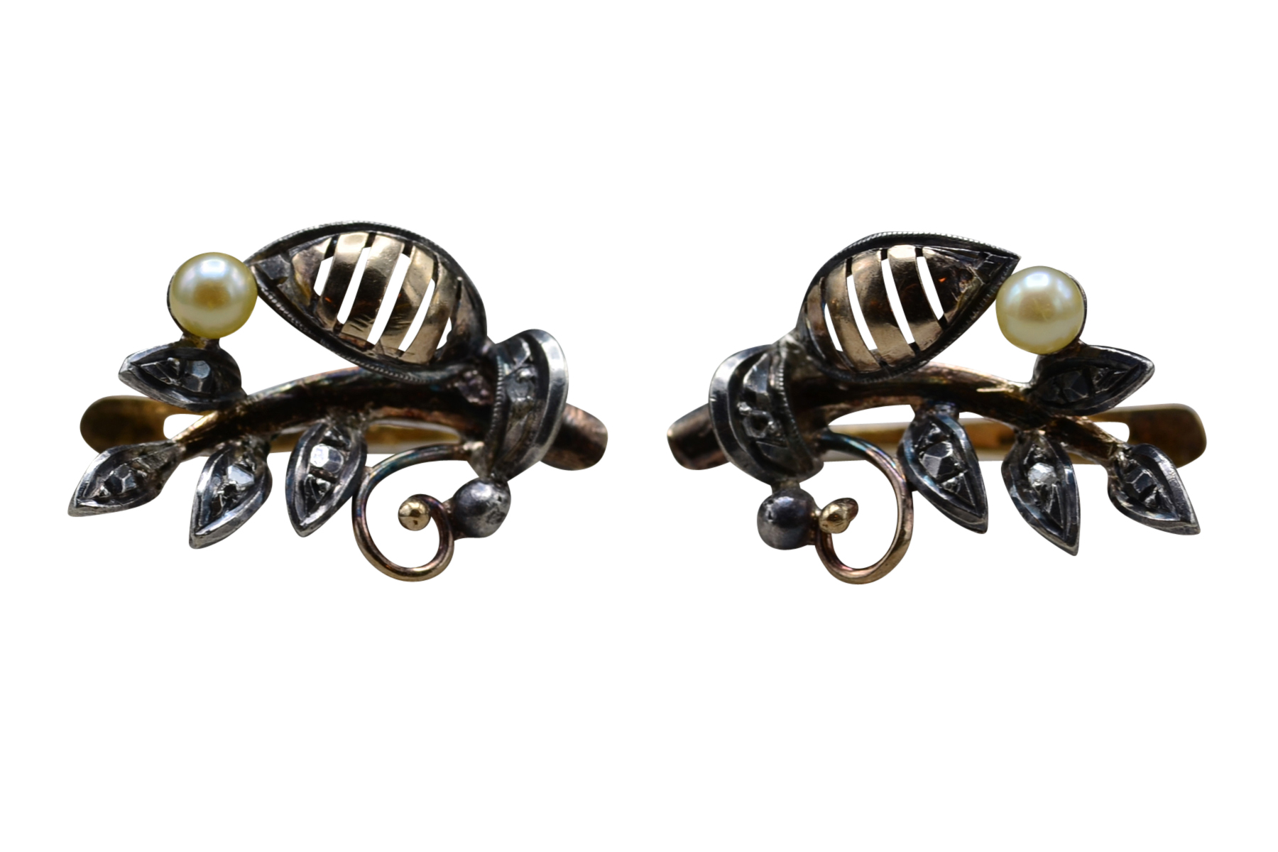SOLD - The Leemores: Antique Victorian 14K Two Tone and Mixed Metal Earrings set with Diamonds and Seed Pearls