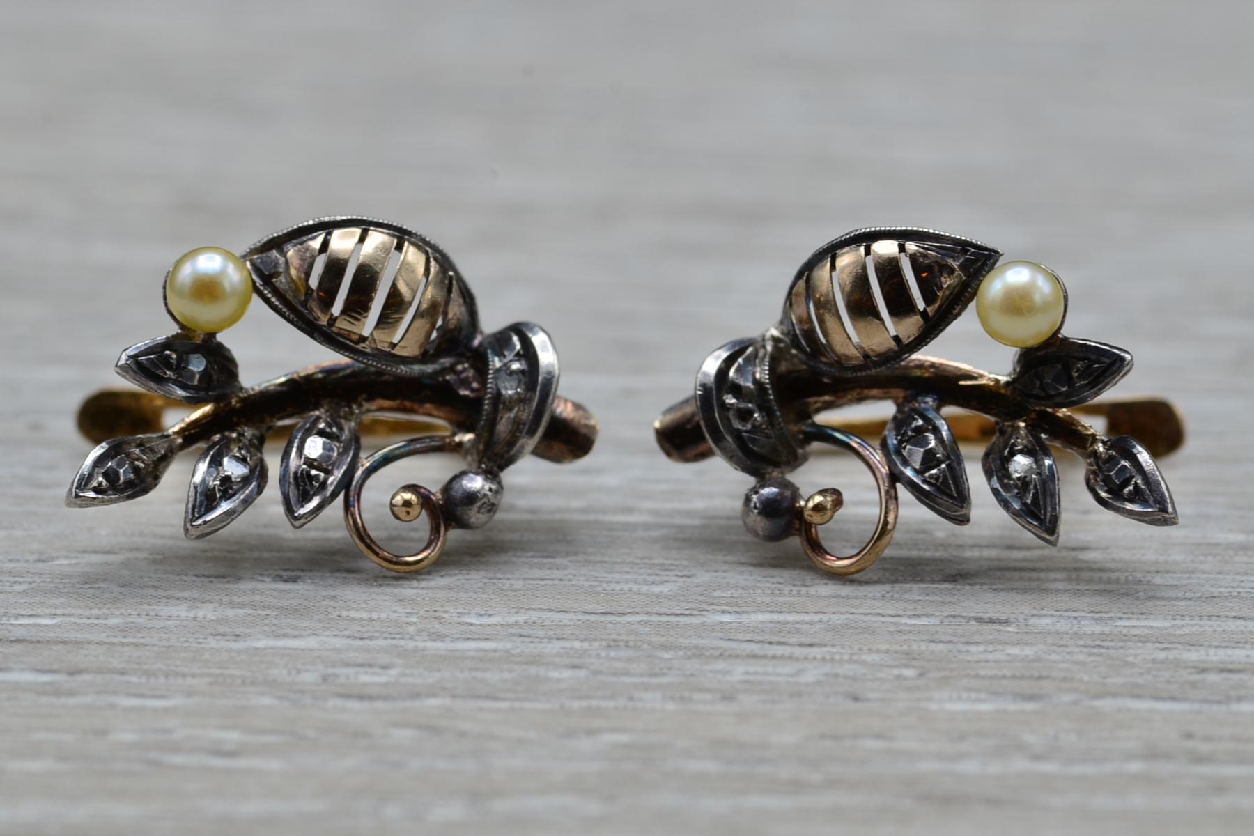 SOLD - The Leemores: Antique Victorian 14K Two Tone and Mixed Metal Earrings set with Diamonds and Seed Pearls - Image 2