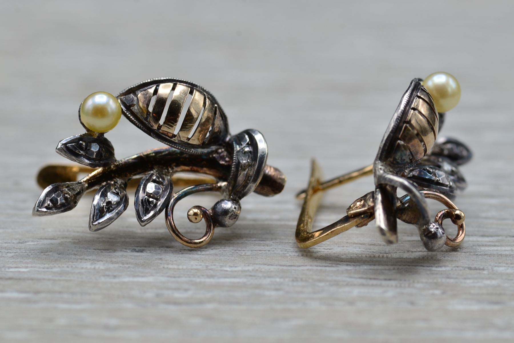SOLD - The Leemores: Antique Victorian 14K Two Tone and Mixed Metal Earrings set with Diamonds and Seed Pearls - Image 3