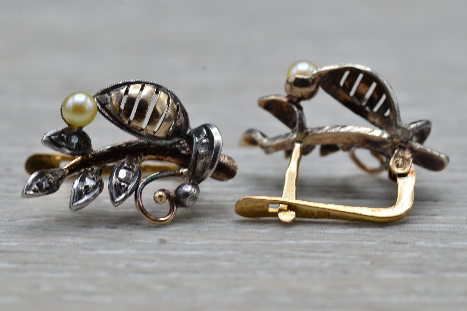 SOLD - The Leemores: Antique Victorian 14K Two Tone and Mixed Metal Earrings set with Diamonds and Seed Pearls - Image 4