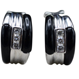 The Peorias:  Ladies 14K White Gold Huggie Earrings set with Onyx and Diamonds